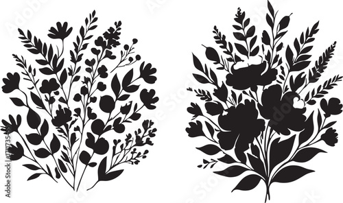 Black and white floral vector illustration: flower bouquet clipart, botanical design elements eps silhouette