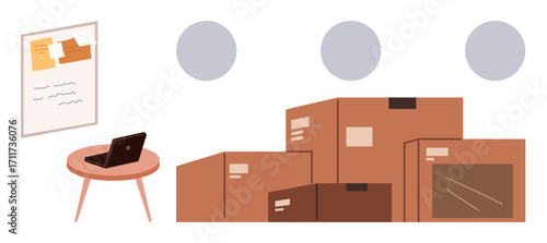 Workspace with a laptop on a round table alongside a bulletin board and stacks of cardboard boxes. Ideal for business planning, logistics, product storage, shipping, inventory, e-commerce, supply