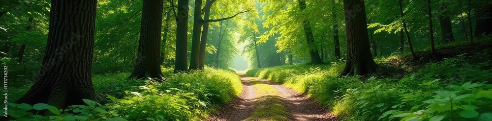 Naklejka premium Sun-dappled forest path winding through ancient trees, lush green foliage, dappled sunlight filtering through the canopy, peaceful woodland scene , green, undergrowth