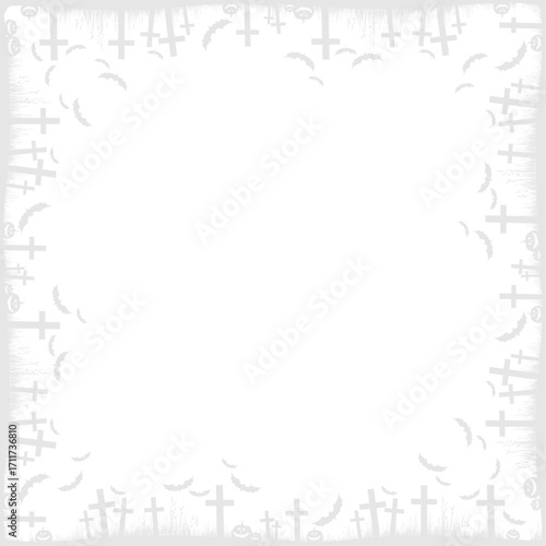 Gray silhouettes of tombstones, crosses and gravestones. Elements of cemetery. Graveyard panorama. Halloween party scary background. Frame isolated on White background.  Vector illustration