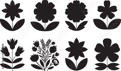 Black and white flower vector set: floral silhouette designs for crafts and decoration eps