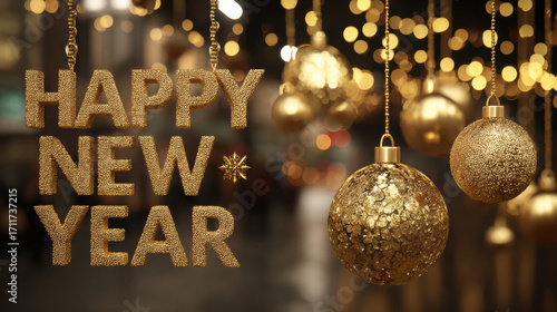 Golden Happy New Year text with sparkling ornaments creates festive and celebratory atmosphere