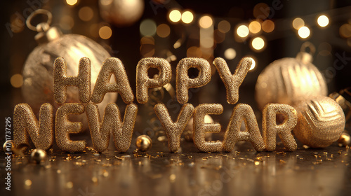 Happy New Year text in glittering gold with festive ornaments and bokeh lights creating celebratory atmosphere