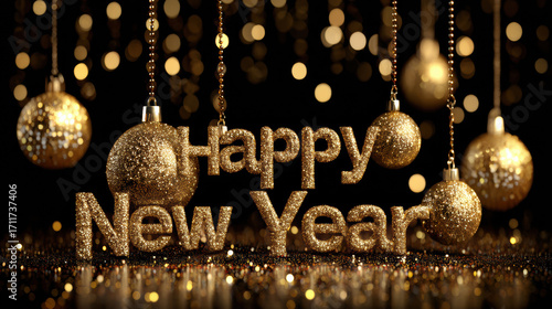 Golden Happy New Year text with glittering ornaments and bokeh lights create festive atmosphere