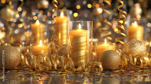 Golden candles and decorations create festive and warm atmosphere, with shimmering ribbons and glittering ornaments enhancing celebratory mood