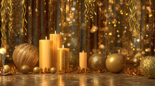 Golden candles and ornaments create festive, elegant atmosphere with shimmering lights and decorative ribbons