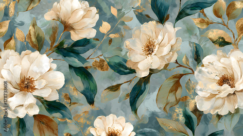 botanical wallpaper with cream flowers and teal leaves elegant floral mural with gold accents on blue
