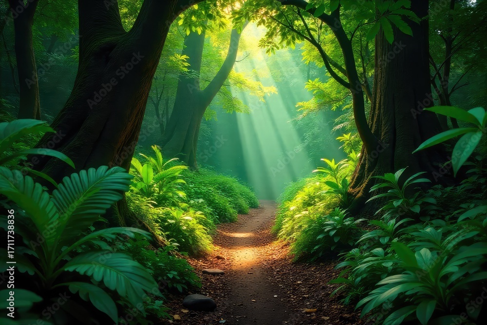 Naklejka premium Sunlight dapples the lush undergrowth of a vibrant rainforest path, winding through dense foliage and ancient trees Discover the beauty and mystery of this hidden jungle trail , organic, untamed