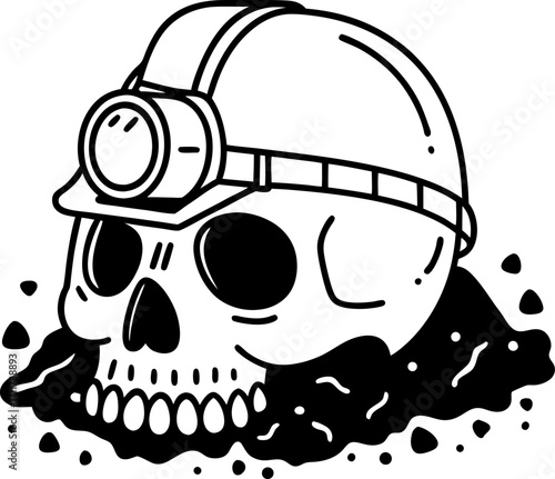 Human skull wearing miner helmet with headlamp emerging from ground danger, mining hazard, caution underground safety concept