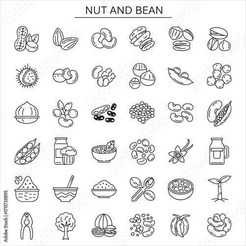 Set of nut and bean vector icons in clean line art style. Featuring almonds, peanuts, cashews, kidney beans, soybeans, chickpeas, and more. Editable stroke lines.
