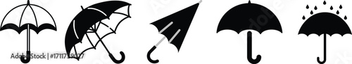 Vector umbrella vector icon set illustration, rain protection, weather forecast, monsoon season, open umbrella clipart.Striped beach umbrella icon black and white simple design.Beach umbrella