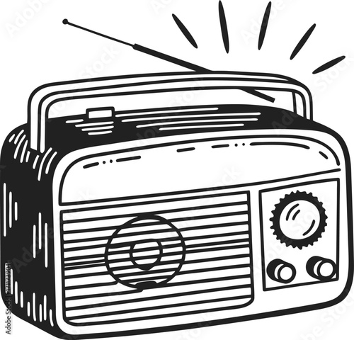 Vintage portable radio illustration retro hand drawn audio device, old fashioned antenna and control knobs, classic design