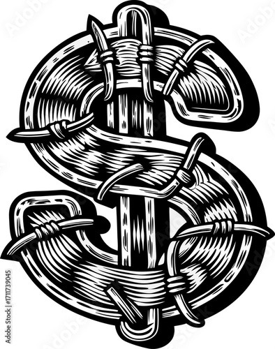 Dollar sign wrapped in barbed wire, black and white engraving money restriction, financial constraint, economic pressure