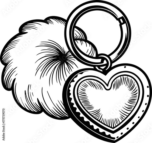 Heart shaped keychain with round fluffy pompom hand drawn black and white illustration, romantic accessory, love symbol