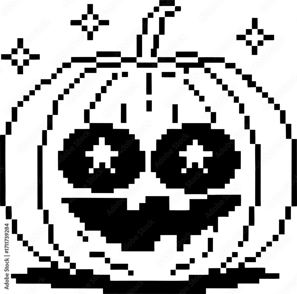 Fototapeta premium Pixel art pumpkin with happy face and stars retro 8 bit style, black and white halloween seasonal illustration