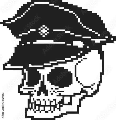Pixel art skull head in officer cap vintage black and white illustration, retro digital style, gothic skeleton design
