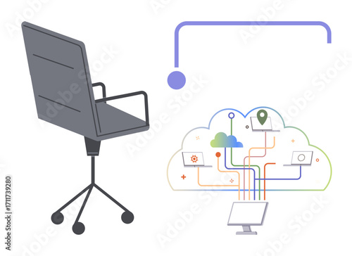 Office chair beside cloud system linking devices via digital pathways and icons. Ideal for remote work, workflow, data sharing, technology, communication, flexibility, innovation. Simple flat