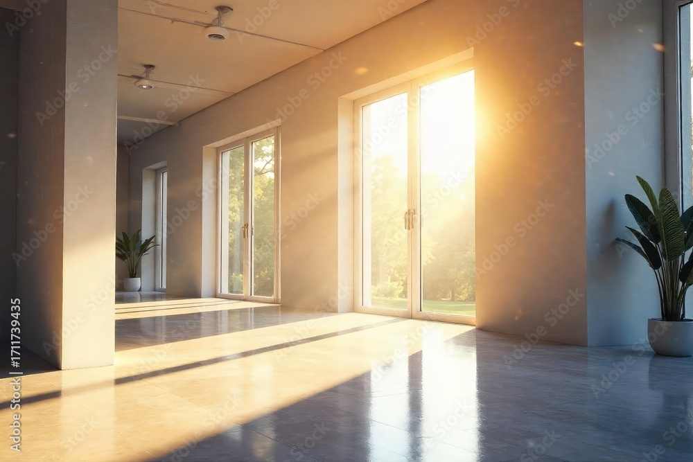 Fototapeta premium Sunlight Dances Through Modern Windows, Illuminating a Bright and Airy Interior Space