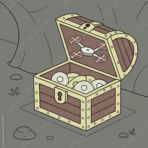 Vector art of a cartoon treasure chest sits in a cave, filled with gold coins and a drone, hinting at modern piracy and hidden riches in a whimsical, adventurous setting