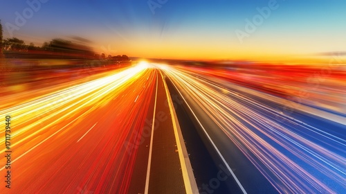 Empty highway with vibrant light trails under a warm dusk sky, capturing the essence of motion and solitude.