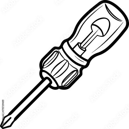 Flat illustration of a phillips head screwdriver manual hand tool with plastic handle and metal shaft for mechanical repair tasks