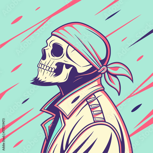 Vector art of a cool pirate skull with a bandana and jacket stands out in this edgy illustration, perfect for streetwear designs and urban art projects