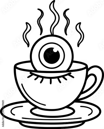 Surreal steaming eyeball in teacup bizarre quirky concept, whimsical line art illustration for imagination and creativity