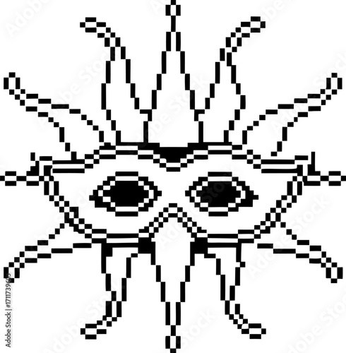Pixel art sun mask with dual eyes, symmetrical rays, abstract black and white minimal design, retro digital