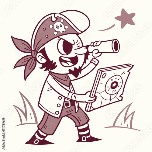 Vector art of a determined pirate with a map and telescope searches for treasure, set against a backdrop of grass and a guiding star