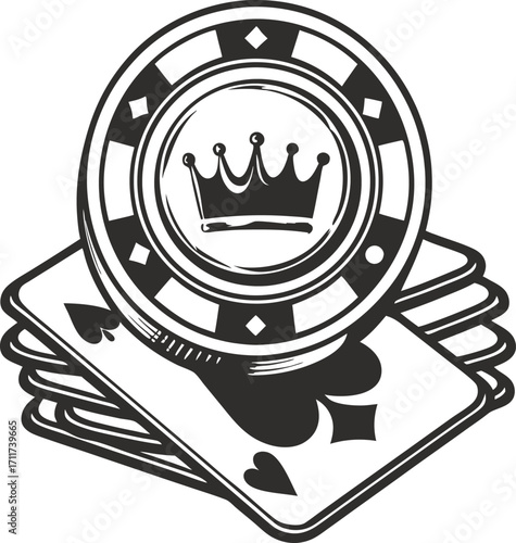 Stack of playing cards and casino chips with crown symbol gambling, betting, luck and winning poker hand concept illustration