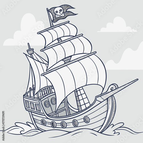 Vector art of a detailed sketch of a pirate ship sailing on the ocean, featuring billowing sails, a skull and crossbones flag, and intricate line work on a light gray background