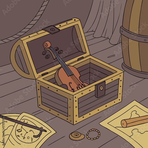Vector art of a mysterious violin nestled inside a treasure chest on a pirate ship, surrounded by maps and a barrel, hinting at hidden melodies and seafaring secrets