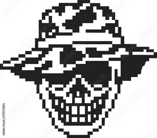 Pixel skull in camouflage bucket hat retro black and white digital illustration, modern edgy streetwear punk graphic