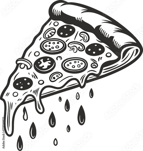 Cheesy melting pizza slice with dripping cheese and assorted toppings tasty fast food illustration in black and white