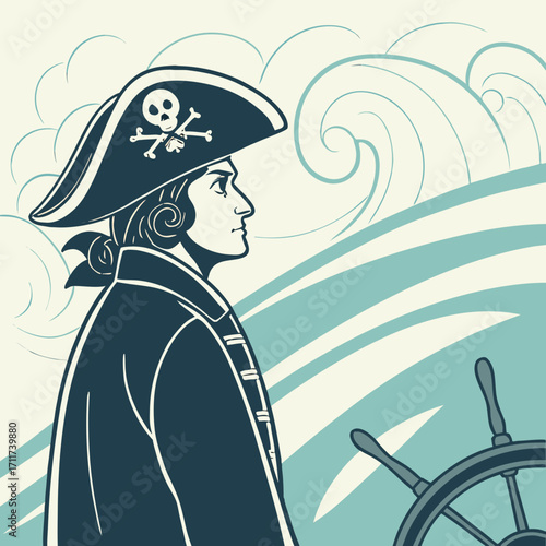 Vector art of a pirate captain at the helm of his ship, with waves and clouds in the background a vintagestyle illustration of a classic seafaring adventure