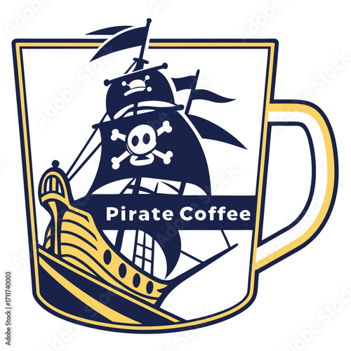 Vector art of a pirate ship with a skull and crossbones on a coffee cup vector illustration of a cartoon character