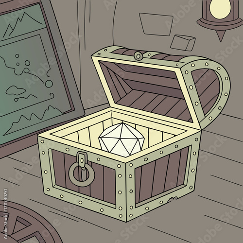 Vector art of a treasure chest with a glowing gem, surrounded by nautical artifacts, creating a mysterious and adventurous atmosphere on a light background