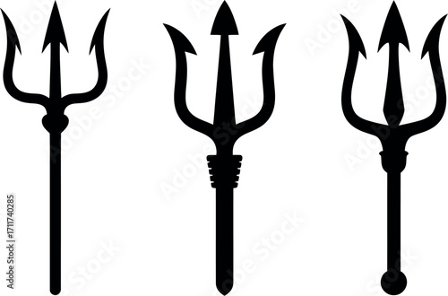 Three stylized black trident silhouettes on a white background, representing power and mythology.