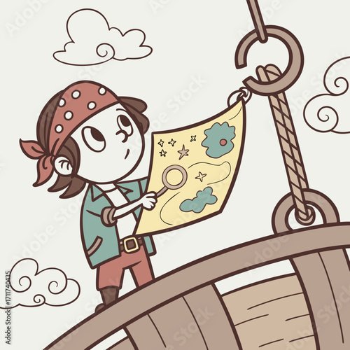 Vector art of a young pirate girl on a ship, examining a treasure map with a magnifying glass, creating a sense of adventure and discovery, set against a cloudy sky