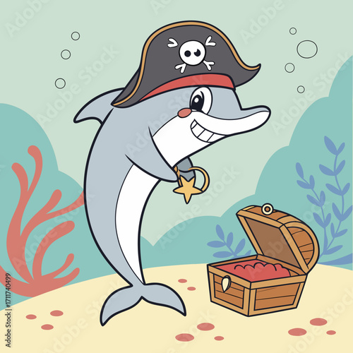 Vector art of cartoon pirate dolphin with treasure chest, a cute marine adventurer with a star pendant, perfect for childrens books and oceanthemed illustrations, vector