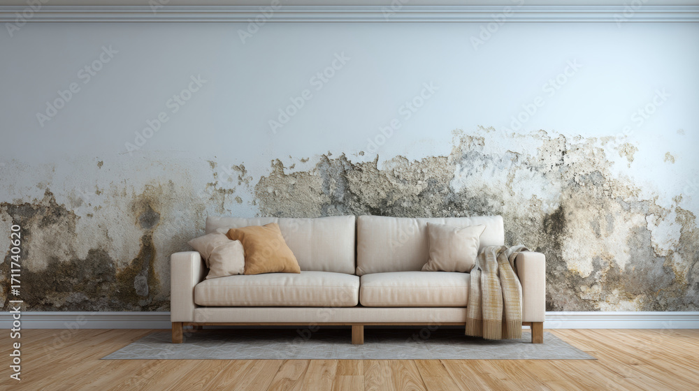 Fototapeta premium a modern living room dominated by a pure white wall, slightly damaged by rising damp. 3D Illustration.