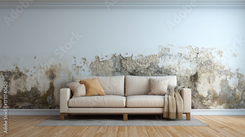 a modern living room dominated by a pure white wall, slightly damaged by rising damp. 3D Illustration.