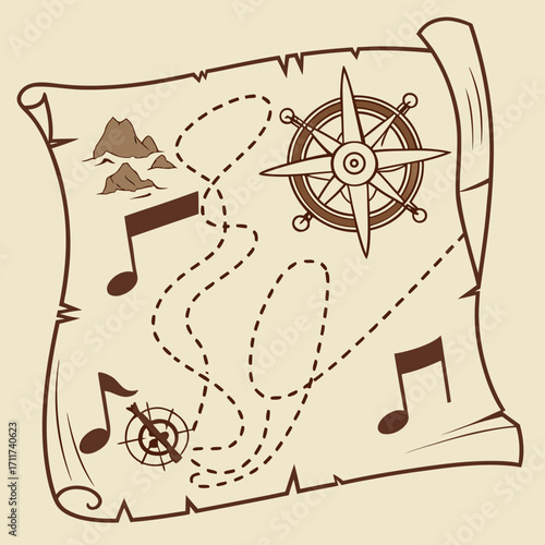 Vector art of treasure map with musical notes, compass, and island, a whimsical guide to hidden melodies and adventures, perfect for music lovers and treasure hunters, vector