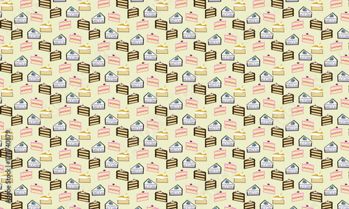 Cake slice motifs with a variety of delicious flavors, including strawberry, blueberry, and several others. This image looks delicious, and the design can be used for dessert packaging