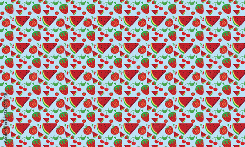 Red fruits such as watermelons, cherries, tomatoes, and strawberries look delicious in cheerful cartoon illustrations. Suitable for food packaging or other uses.