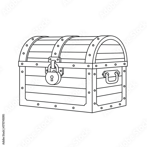 A detailed line drawing of an antique wooden treasure chest with metal fittings and a padlock.