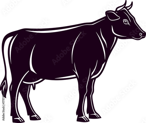 Black solid silhouette of a standing cow shown from the side view with a clean minimalist aesthetic