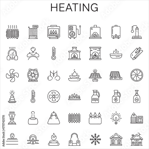 Set of heating vector icons in clean line art style featuring radiators, thermostats, fire flames, heaters, boilers, and more. Editable stroke.