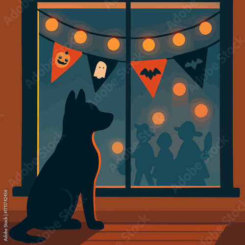 A loyal dog silhouette sits patiently by a window, observing festive Halloween decorations and distant children trick-or-treating on a cozy autumn night.