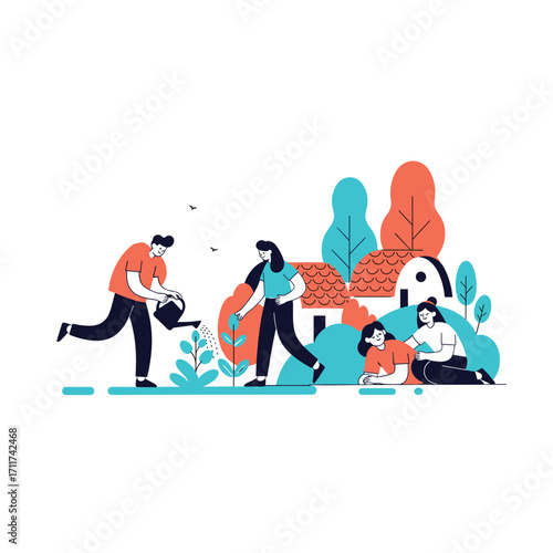 A family is enjoying their time together in the garden.
